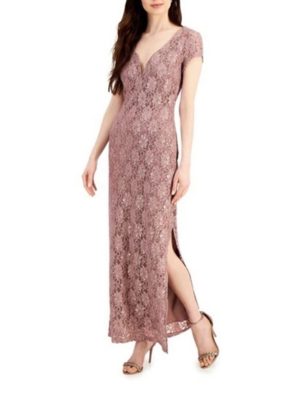 connected apparel Dusty Rosewood - Lace Sequin V-Neck - Maxi Dress
